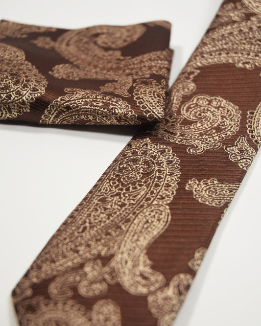 Brown Patterned Tie with Handkerchief