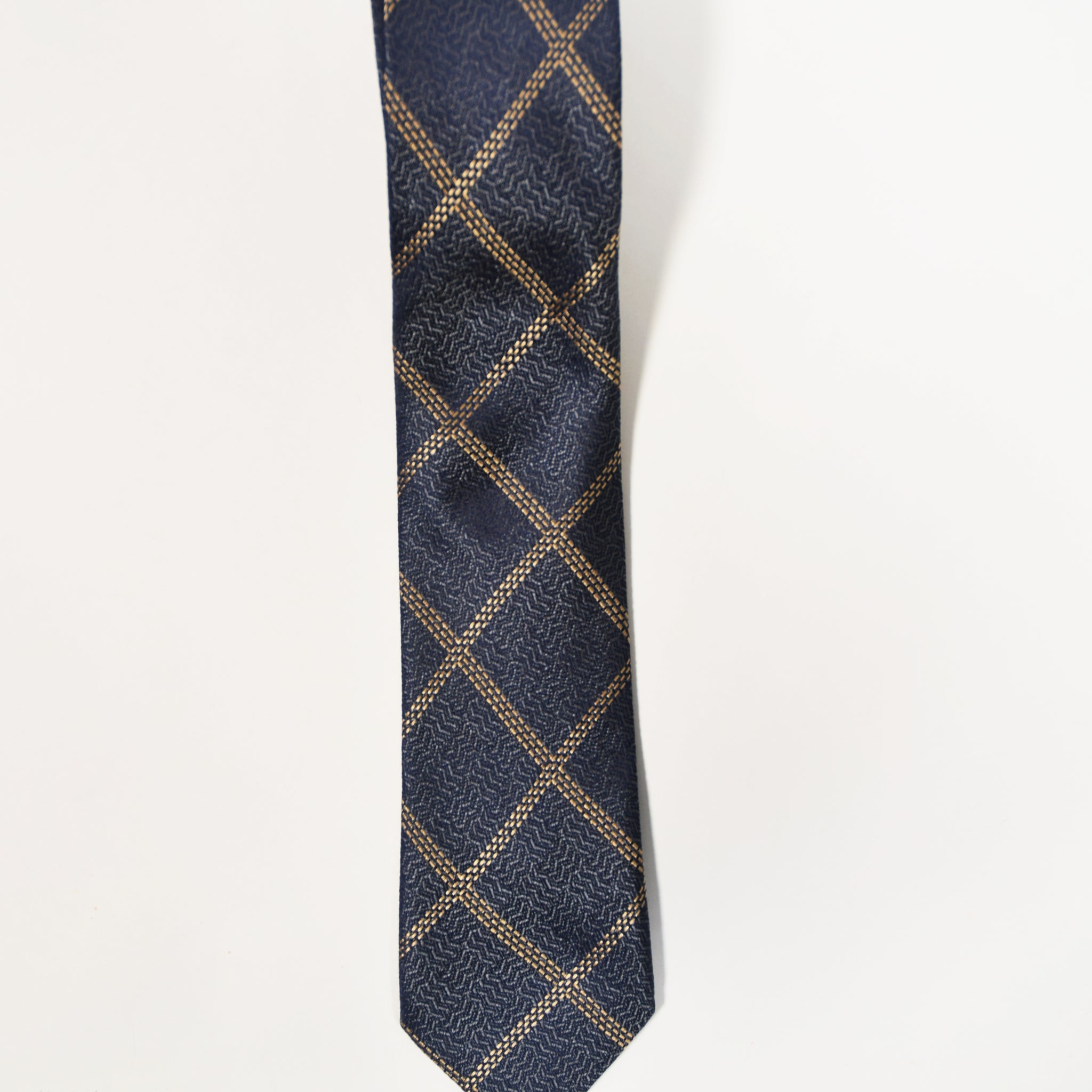 Navy and Gold Plaid Tie with Handkerchief