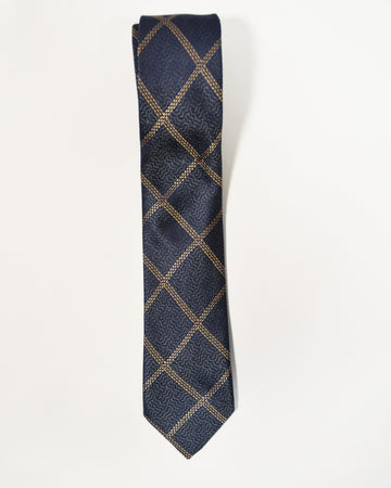 Navy and Gold Plaid Tie with Handkerchief