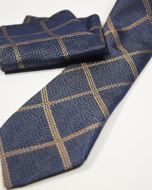 Navy and Gold Plaid Tie with Handkerchief